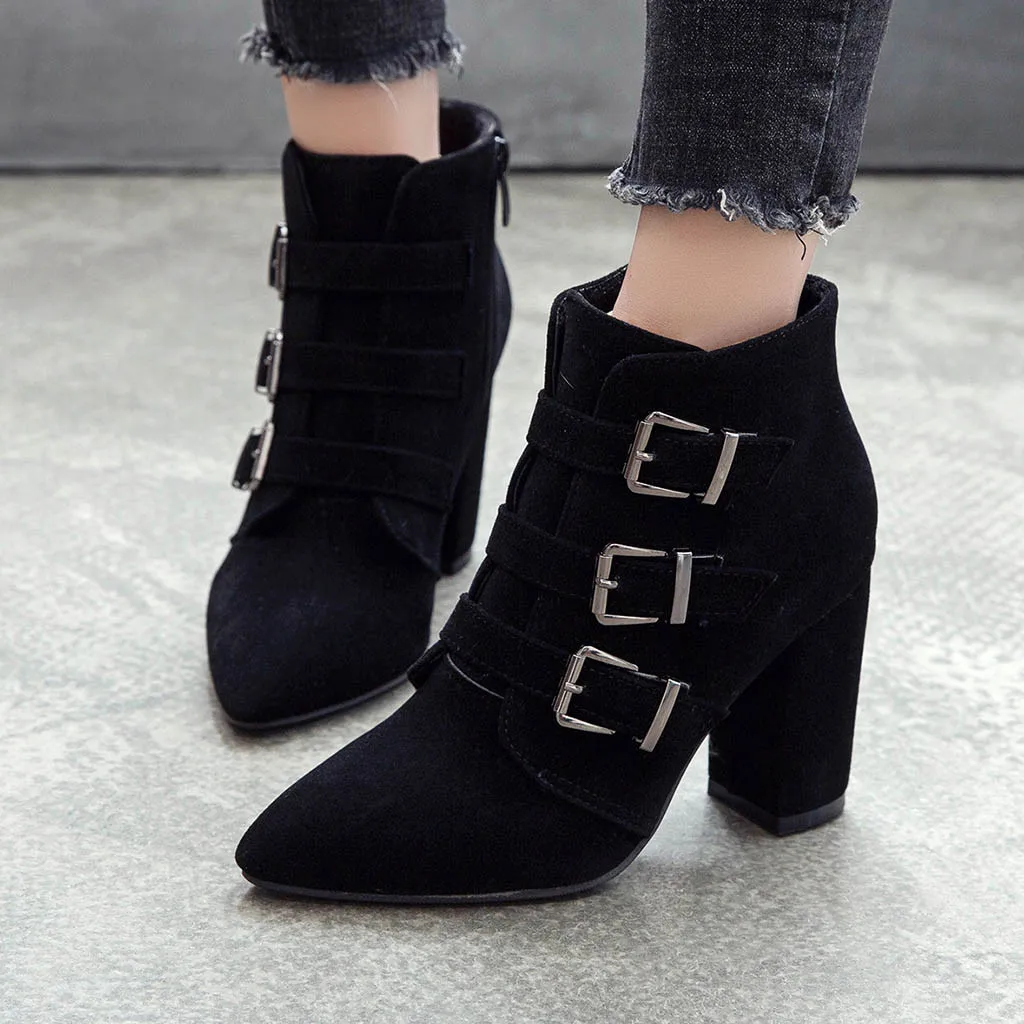 boots women botines mujer 2019 Fashion Pure Color Pointed Toe Zipper Boots Chunky Heels Vintage Women Boots ботильоны
