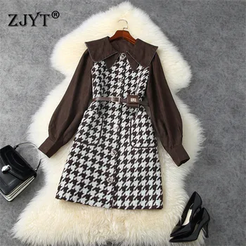 

High Quality Fashion Runway Designer Women Beading Lapel Collar Knitted Patchwork Vintage Casual Plaid Woolen Dress with Belt