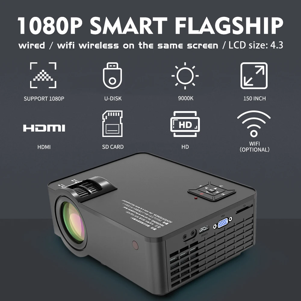 

4.3'' LCD Projector SD150 ,1280x720,6000 Lumens Wireless Sync Display For Phone, Portable Home Cinema for Full HD 1080P Beamer