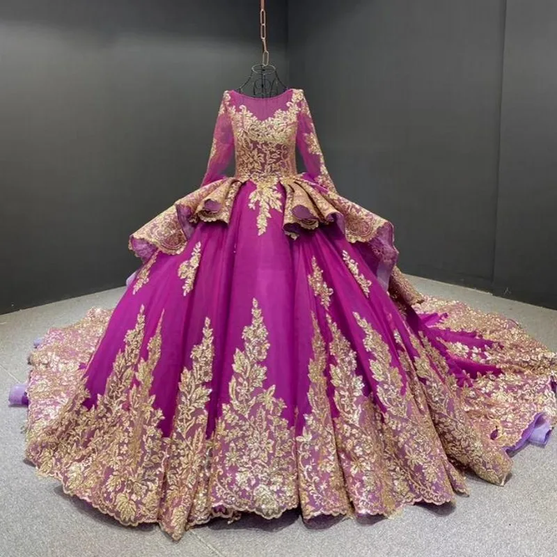 

Saudi Arabia Gold Lace Appliques Evening Dresses Sheer Neck Long Sleeves Lace Up Tiered Sweep Train Robe De Soiree Prom Gowns