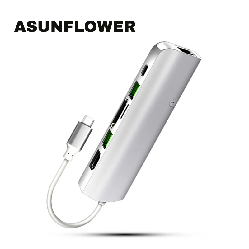Asunflower 7 в 1 USB C концентратор 4K HDMI адаптер Тип C до 1000 м RJ45 порт USB C док-станция с несколькими USB 3,0 PD зарядка 3,5 Aux разъем
