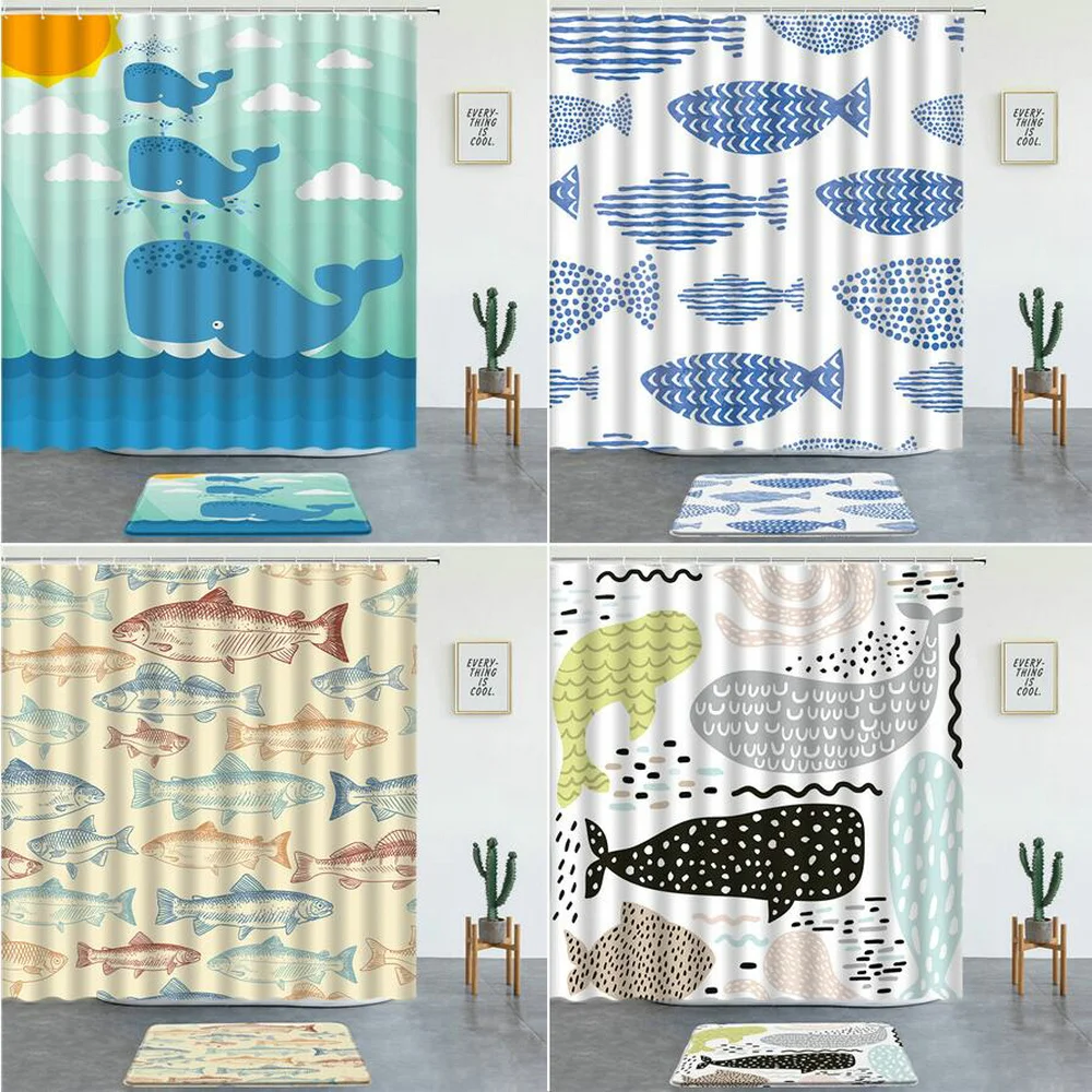

Cute Ocean Animals Shower Curtains Set Bath Mats Rugs Geometric Cartoon Fish Lighthouse Bathroom Decor Screen Non-slip Carpet