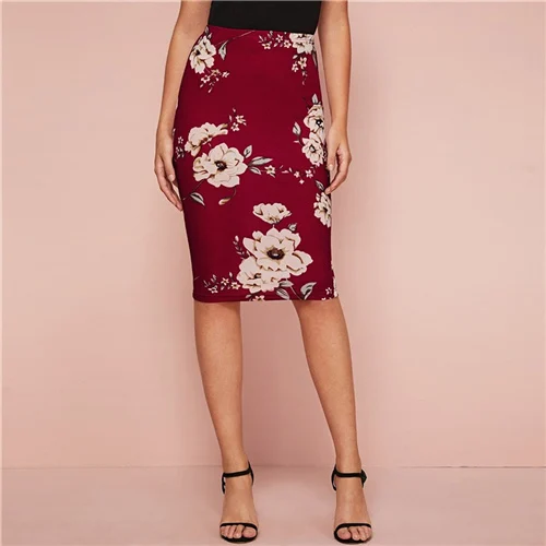 SHEIN черная юбка-карандаш с эластичной талией и цветочным принтом для женщин, Офисная Женская Осенняя приталенная юбка с высокой талией, элегантные миди-юбки - Цвет: Бургундия