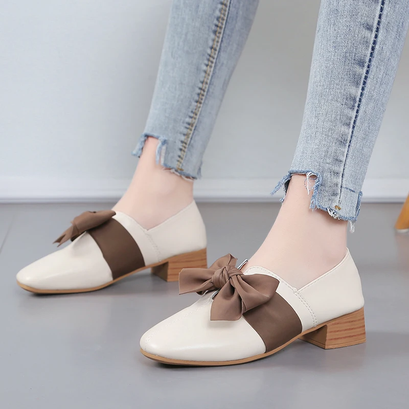 

Bow Knot Casual Shoes for Women Flats Leather Oxfords Women Shoes Woman Fashion Square Heels Slip on Ladies Shoes Espadrilles