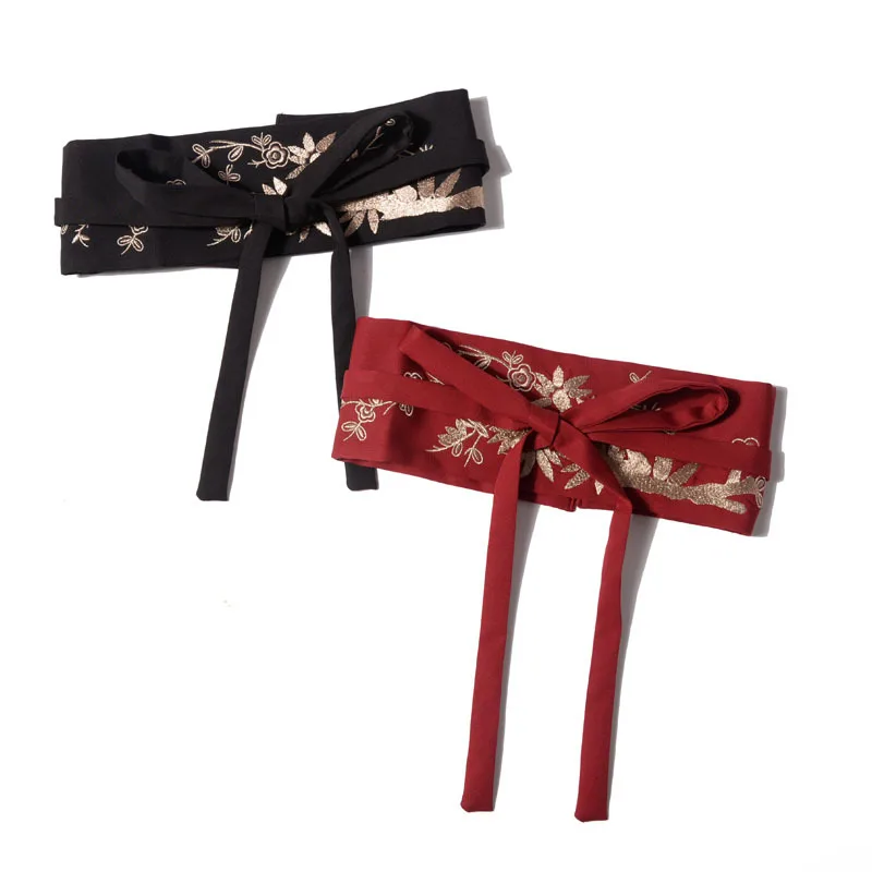 

2021 Chinese Traditional Embroidery Pattern Women Waistband Self-tie Wide Fabric Waist Belt High Quality Female Cinturon Belt