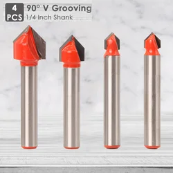 1/4 Polegada shank 90 graus v groove roteador bit Set 4PCS, diâmetro de corte em 1/4 ”, 5/16”, 3/8,, 1/2”