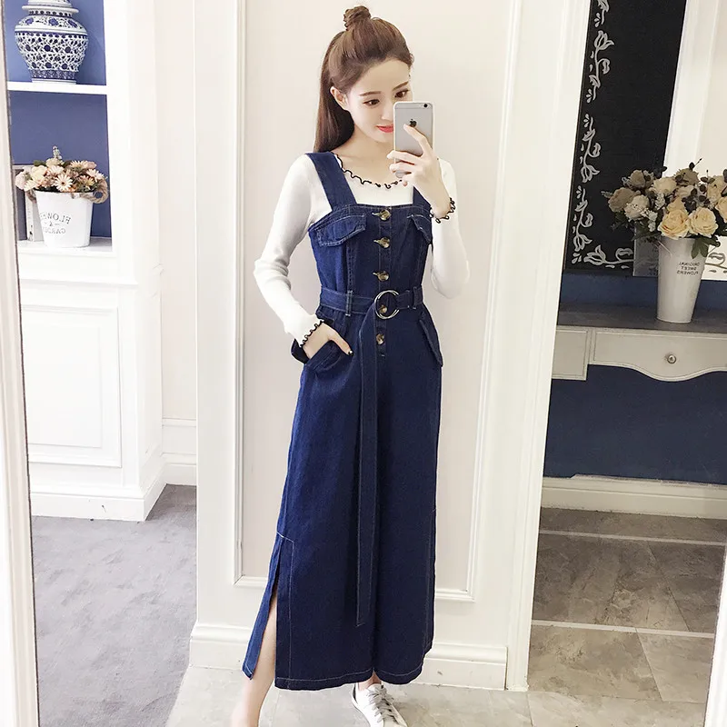

2019 Spring And Autumn New Style Cowboy Suspender Pants High Loose Pants + Base Frilled Sweater