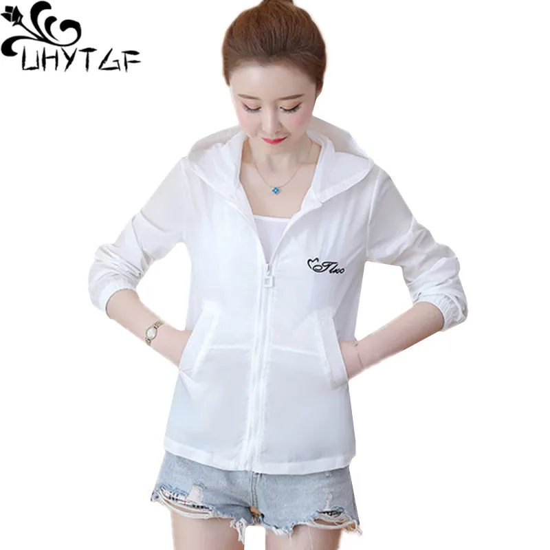 

UHYTGF Fashion Womens Short Sun Protection Clothing Hooded Breathable Thin Coat Solid Wild Casual Female Summer Tops Jacket 2157