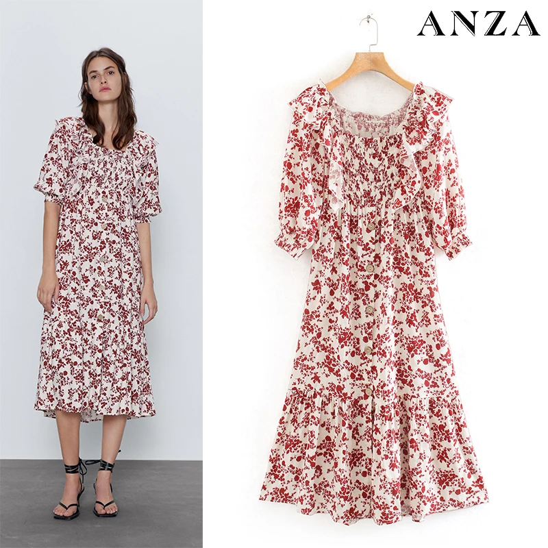 2020 Za New Summer Women Mididress with Floral Print Short Sleeve Chiffon Dress Femme A-line Elegant Loose Pink Mididress 2020 Za New Summer Women Mididress with Floral Print Short Sleeve Chiffon Dress Femme A-line Elegant Loose Pink Mididress