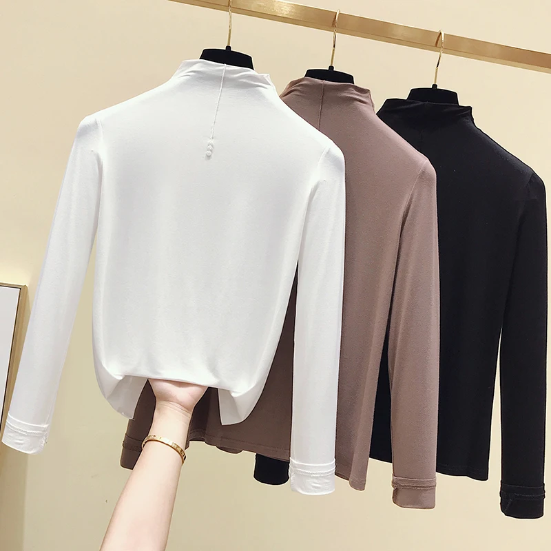 

Women Long Sleeve Slim Fit T-shirt Solid Color High Neck Bottoming Tops Pullover Basic Daily Clothing Fashion Casual Turtleneck