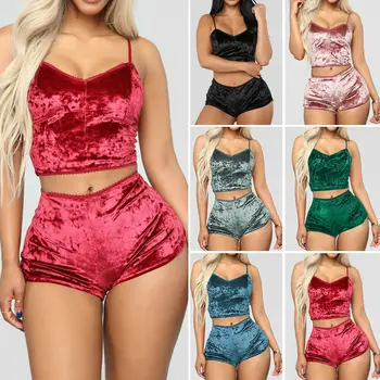

Hot New Ladies Pyjamas Fashion Women's Underwear Sexy Velvet Crop Sleep Tops Bralette Panty Short Nightwear Sets Sleepwear Set