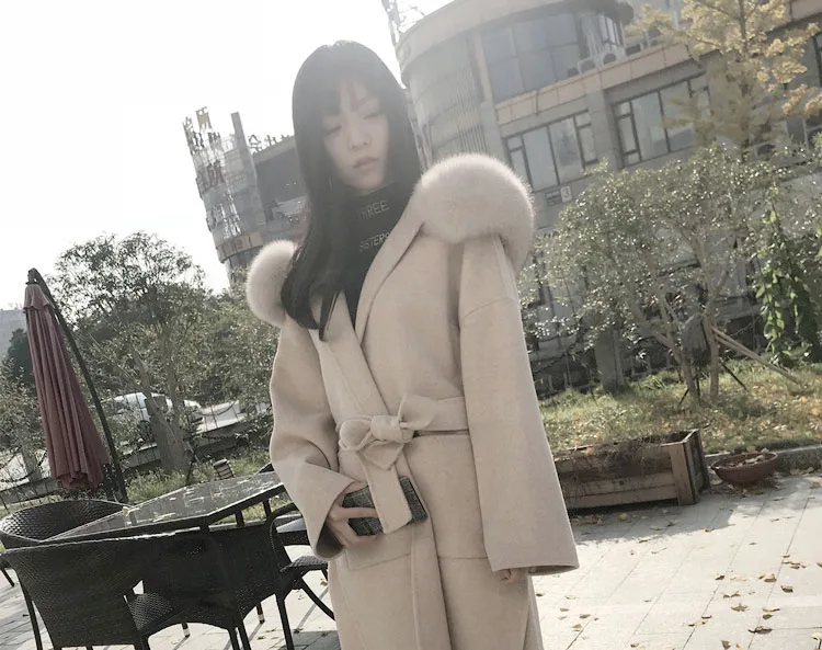Women Wool Blend Coat fox Fur Collar Hooded jacket fashion new real fur coat long streetwear thick warm parka