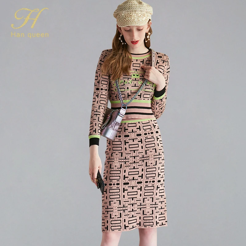 

H Han Queen Women's 2019 Autumn Winter 3 Pieces Set Knitted Jacquard Pullovers Sweater & Pencil Bodycon Skirts & Long Cardigans