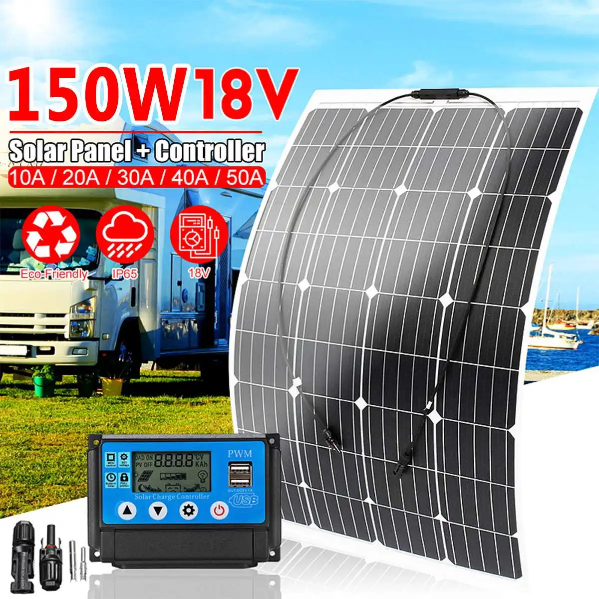 

150W Solar Panel 18V Monocrystalline Solar Cell DIY Module MC4 Cable+10/20/30/40/50A Controller Outdoor Connector Battery Charge