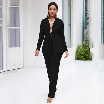 

Two Piece Sets Office Women Set Lace Up Blazer Coat Casual Pants Formal Business Suit White Blue White African Fashion Outfits