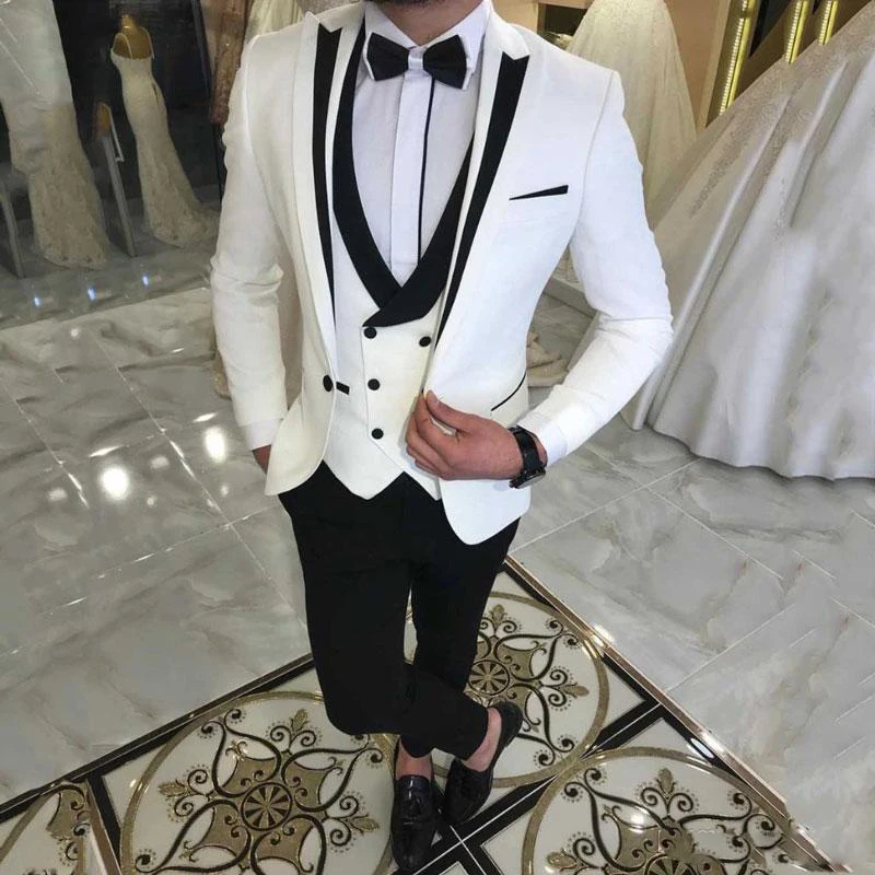 Latest White Suits for Wedding Tuxedos Groom Wear Black Peaked Lapel Groomsmen Outfit Man Blazers 3 Pieces Costume Homme