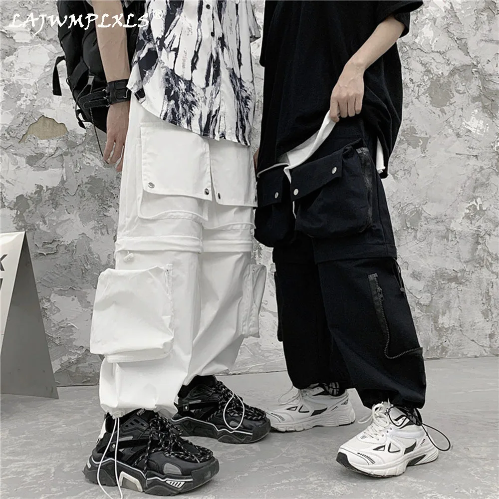 Pantalones Cargp blancos y negros para hombre, calle Punk, combinaciones de ropa de moda, pantalones holgados de pierna ancha bolsillos - AliExpress Ropa de hombre