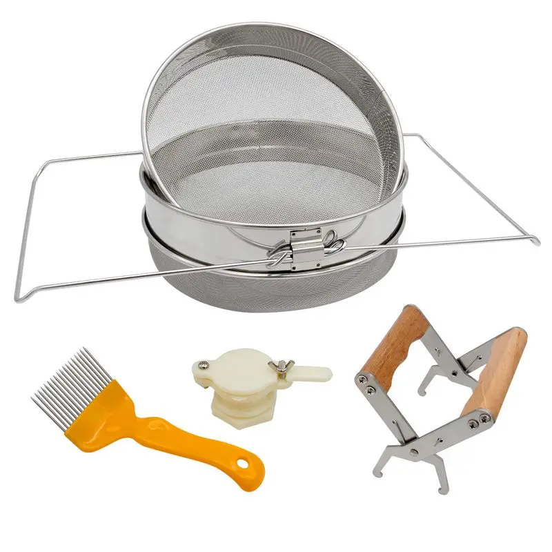 

Honey Strainer Double Sieve Stainless Steel Honey Harvesting Starter Kit | Set Of 4 -Double Sieve Honey Strainer, Frame Holder