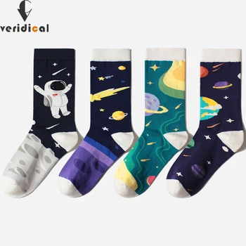 

Veridical 5 Pairs/Lot Combed Cotton Happy Socks Mans Astronaut,meteor,starry Sky Street Fashion Sokken Hip Hop Funny Weed Socks
