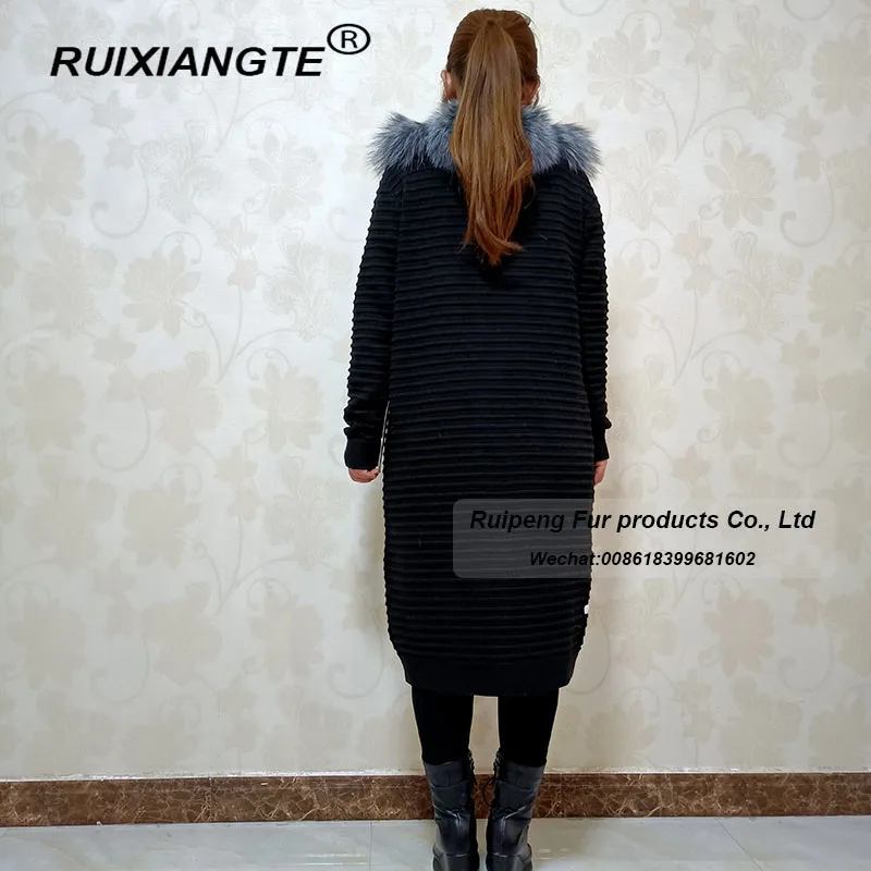 Женское вязаное пальто из натурального меха RuiXiangTe длинная теплая шуба Лисьего с
