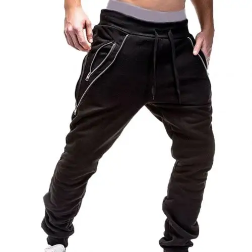 Sport Men Solid Color Drawstring Pants Trousers Zipper Running Sweatpants - Цвет: Черный