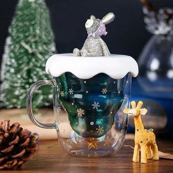 

Creative Double-Layer Glass Christmas Tree Star Water Cup High Temperature Mug Glass Christmas Tree Star Wishing Cup 300Ml with