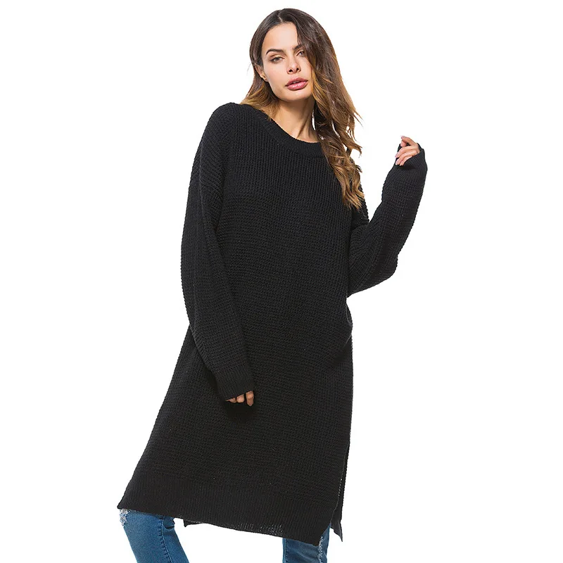 Модное осенне-зимнее вязаное длинное платье-свитер с длинным рукавом и круглым вырезом, женские повседневные пуловеры, женская уличная одежда до колена - Цвет: Black