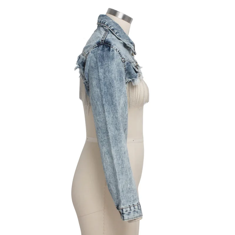 Кисточка джинсовый комбинезон с открытой спиной пальто женское с отложным воротником с длинным рукавом Куртка бомбер размера плюс осень зима супер короткая джинсовая верхняя одежда
