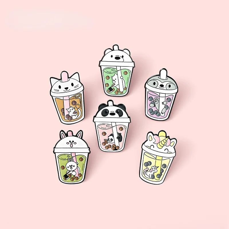 Cute Bubble Cat Penguin Boba Tea Smalto Pin S Tapioca Milk Tea Spilla Distintivi Animali Borsa Kitty Spille Per Regalo All'Ingrosso