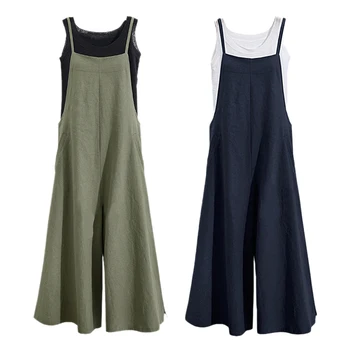 

2Pcs Women Casual Solid Spaghetti Straps Wide Leg Pants Pockets Loose Bib Cotton Linen Jumpsuits,Green 4XL & Dark Blue XXXL
