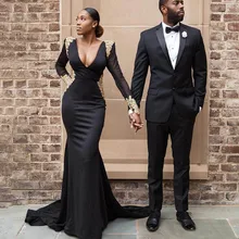 Black Satin Deep V-neck Long Sleeves Evening Dresses Lace Appliques Backless Mermaid Prom Gowns Custom Made Vestidos De Fiesta