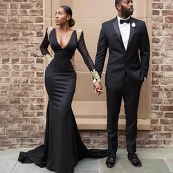 Black Satin Deep V-neck Long Sleeves Evening Dresses Lace Appliques Backless Mermaid Prom Gowns Custom Made Vestidos De Fiesta