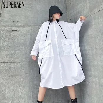 

SuperAen Pluz Size Dress Women Fashion Long-sleeved Spring New 2020 Ladies Dress Solid Color Casual Cotton Women Clothing