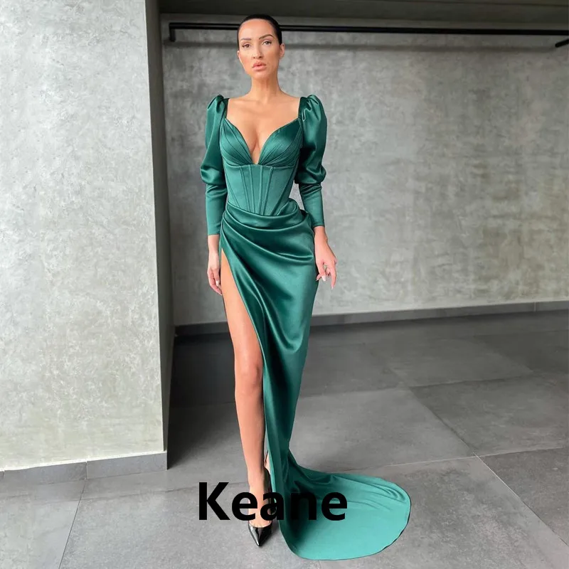 

Emerald Green High Slit Satin Evening Dresses Puff Sleeves Simple Sexy Pleat Evening Gown Prom Dress Robe De Soiree