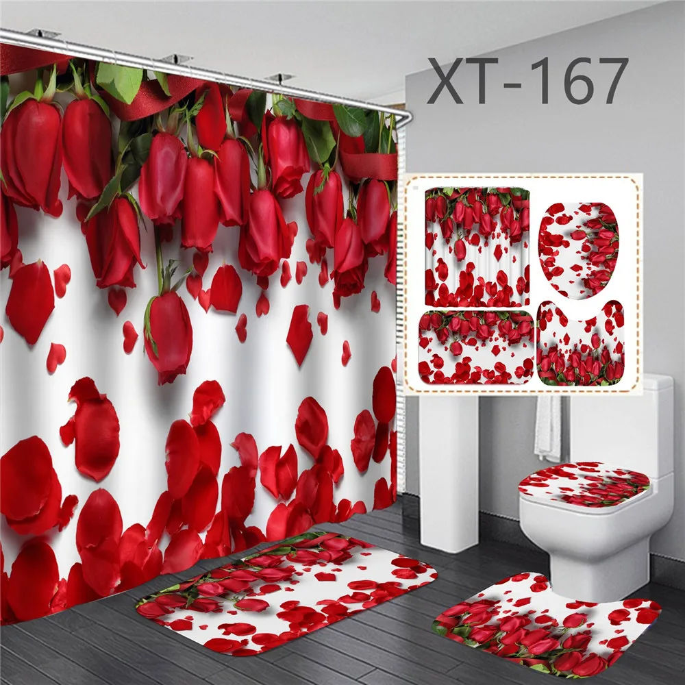 Red Rose Hold Clear 3D Shower Curtain Waterproof Fabric Bathroom Decoration 