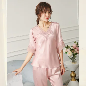 

Sexy Lace Pajamas Set Satin 2PCS Shirt&pants Kimono Robe Gown Women Nightwear Casual Intimate Lingerie Nightgown Pyjamas