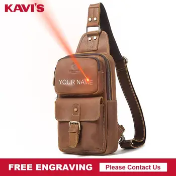 

KAVIS DIY Engraving Genuine Leather Chest Bag for Men Casual Messenger Bags Fashion Men's Chest Pack Phone Holder Bags Capacity