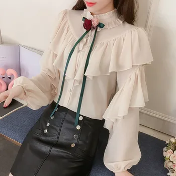 

2020 Spring long lantern sleeve stand collar ruffles chiffon shirts women elegant ruffles chiffon bloues women bow chiffon tops