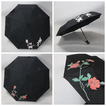 

Three folding umbrella color changing rose pattern automatic women umbrella black coating sun umbrella windproof strong umbrella