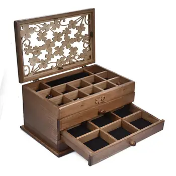 

Cherry Jewelry Storage Box Wooden Jewelry Bag Organizer Case With 3 Drawers Dark Brown For Earrings Necklace Hairpin
