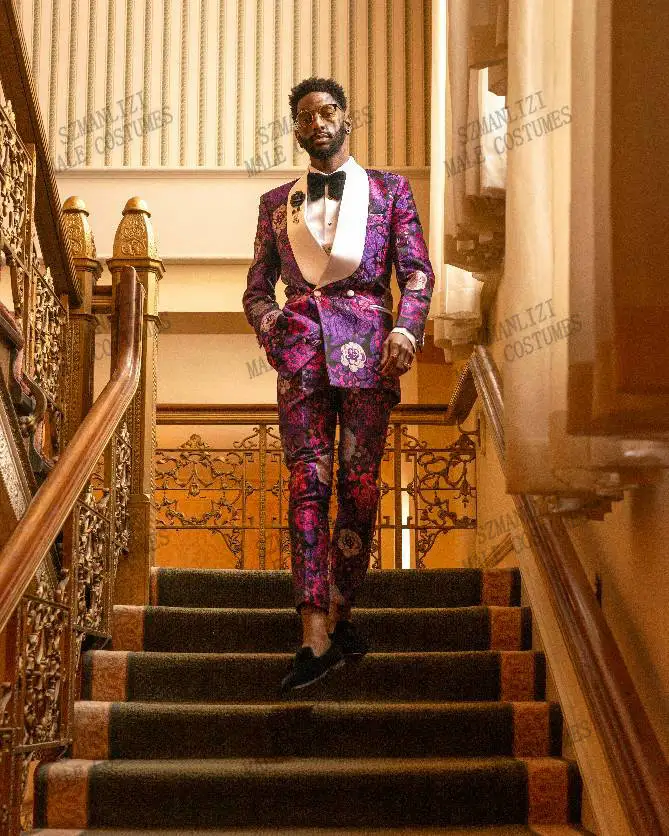 Handsome Purple Floral Double Breasted Men Suits Costume Homme Slim Fit Wedding Prom Slim Fit Tuxedo Groom Party Blazer+Pant