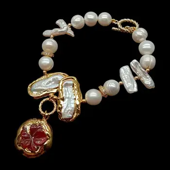 

Freshwater Cultured White Potato Pearl Biwa Pearl Red Agate Flower Charm Bracelet 8"