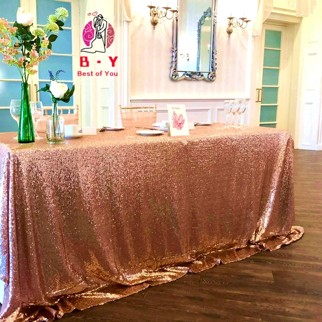 Pink Gold Tablecloth 90x132in Glitter Round Rectangular Embroidered Sequin Table Cover for Wedding Party Christmas Decor Rose Gold