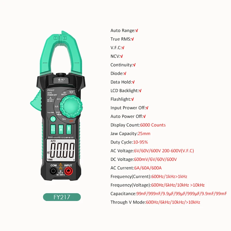 Смарт-клещи, AC DC, Токоизмерительные клещи, RMS, мультиметр, зажим, интеллектуальный цифровой клещи, токовые клещи, клещи, мультиметр - Цвет: FY217