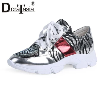 

DORATASIA 2019 New Autumn Brand women's Genuine Leather Sneakers Crystal Lace Up Shoes Woman Platform Chunky Heels Flats Women