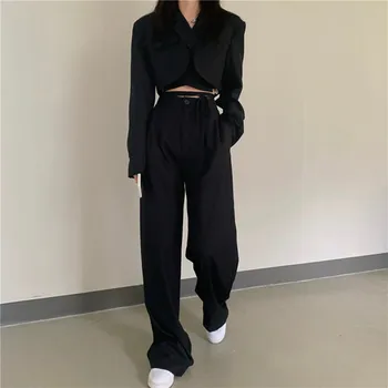 여성용 시크한 크롭탑, 섹시한 레이스업 블레이저 코트, 하이 웨이스트 긴 바지 정장, 오피스 여성 스트리트웨어 스포츠웨어, 투피스 세트, 신상