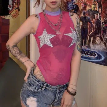 

Women Sexy Mesh Triangle Jumpsuit Ladis Stars Fashion Pink Sheer Romper