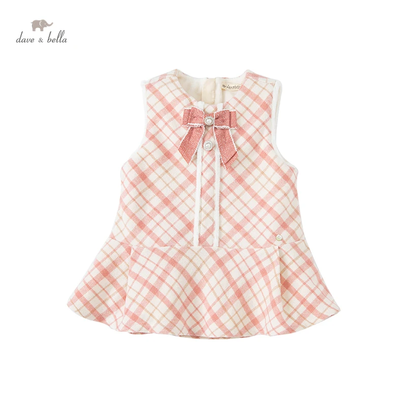 

DBL19222 dave bella winter baby girl's cute bow plaid draped dress children fashion party dress kids infant lolita clothes