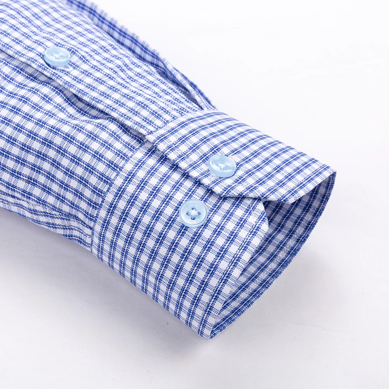 Мужская приталенная рубашка из 45% хлопка, синяя клетчатая Модная рубашка для молодых мужчин, повседневная мужская рубашка с длинным рукавом