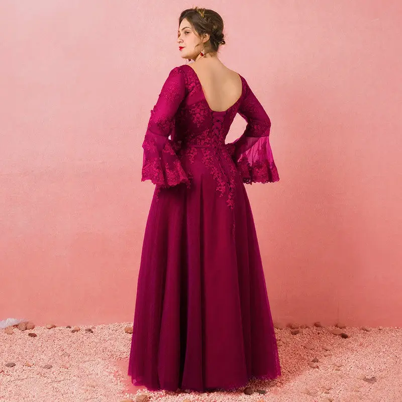 Вечерние платья с длинным рукавом Robe De Soiree T466 с О-образным вырезом, розовые красные женские вечерние платья размера плюс, кружевное вечернее платье с открытой спиной